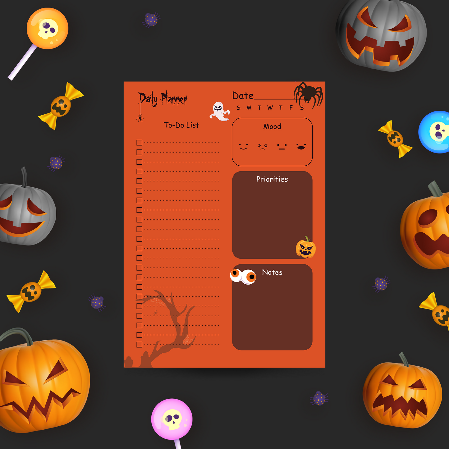 Orange Halloween Daily Planner Printable - A5 PDF Digital Download - Spooky & Stylish Design